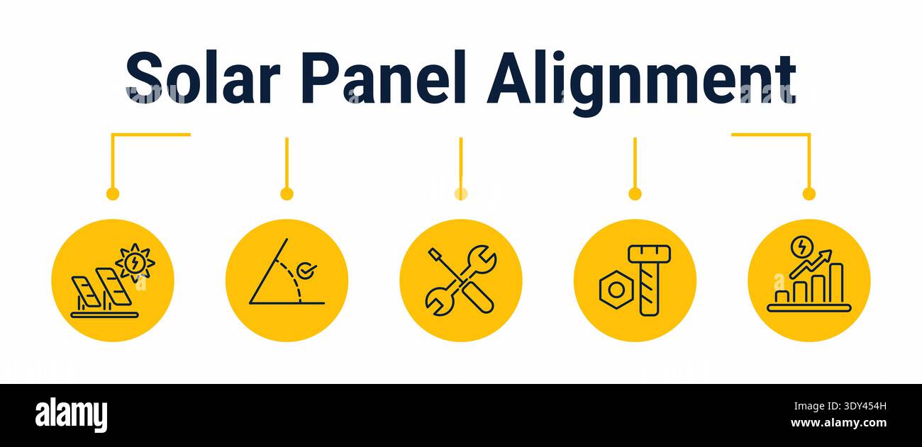 Five step workflow for aligning solar panels from array inspection and angle review to module adjustment, hardware securing and output improvement mea Stock Vector