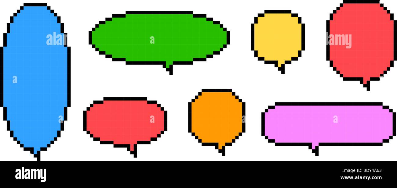 Colorful pixel text box set. Empty pixelated chat frame collection. Retro 8 bit border shape pack for speach box bubble, message cloud, communication dialog, talk balloon. Vector illustration bundle Stock Vector