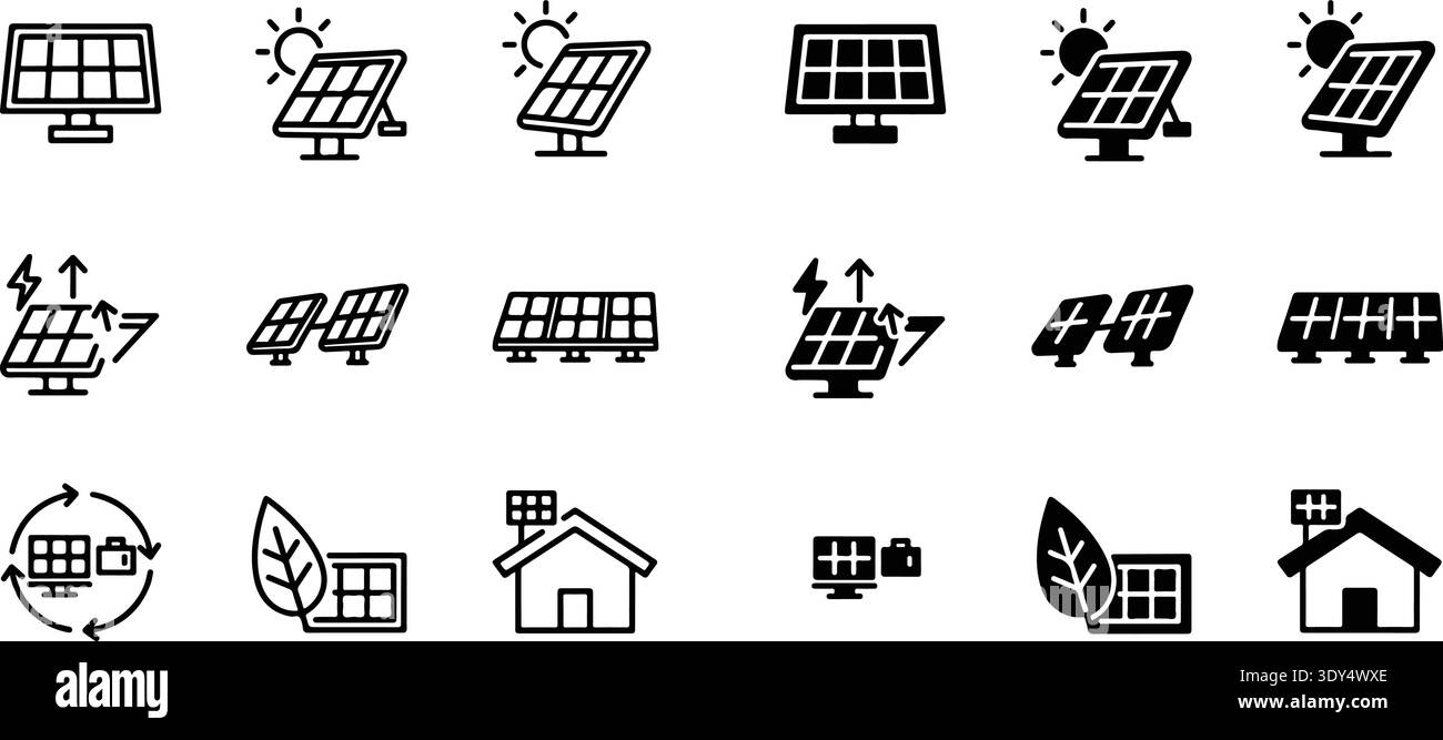 Electricity icon set. Solar panel electric generation icons. Green ...