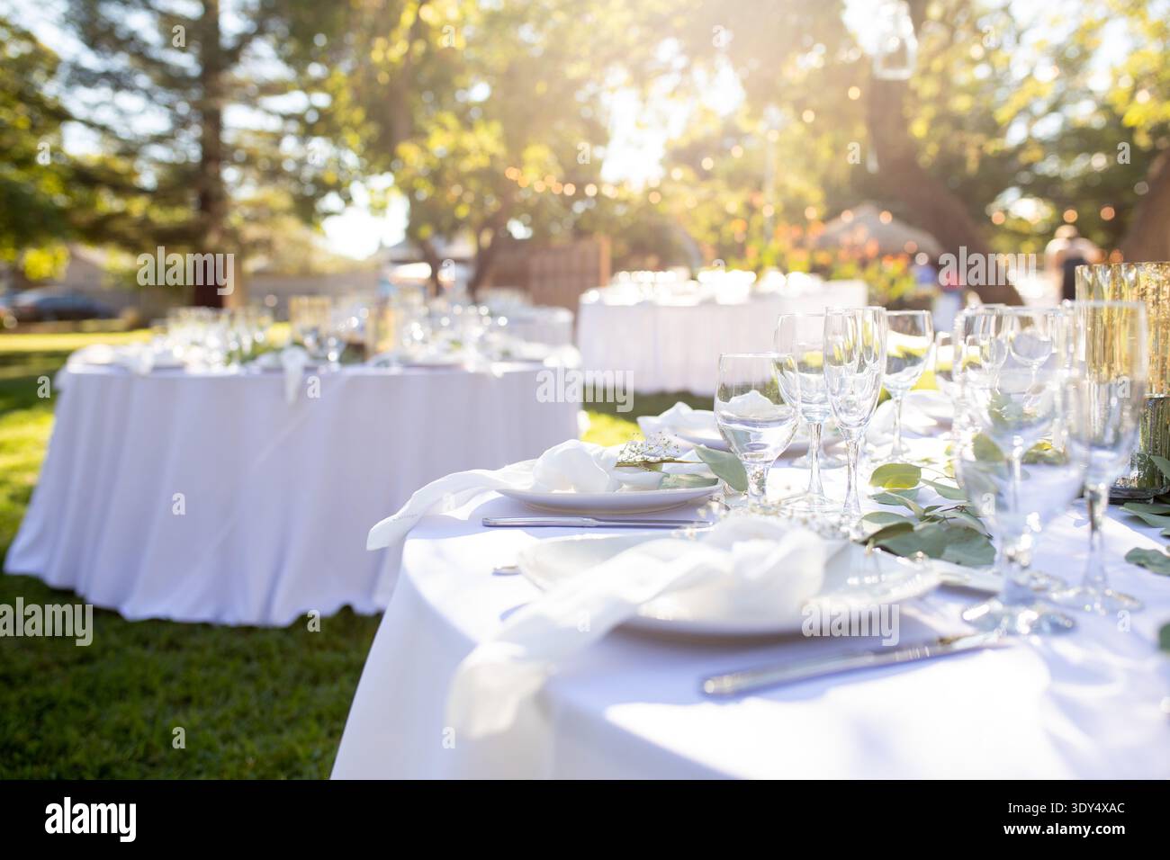 Outdoor wedding reception table set with glassware, candles and greenery centerpiece arranged for celebration dinner. Stock Photo