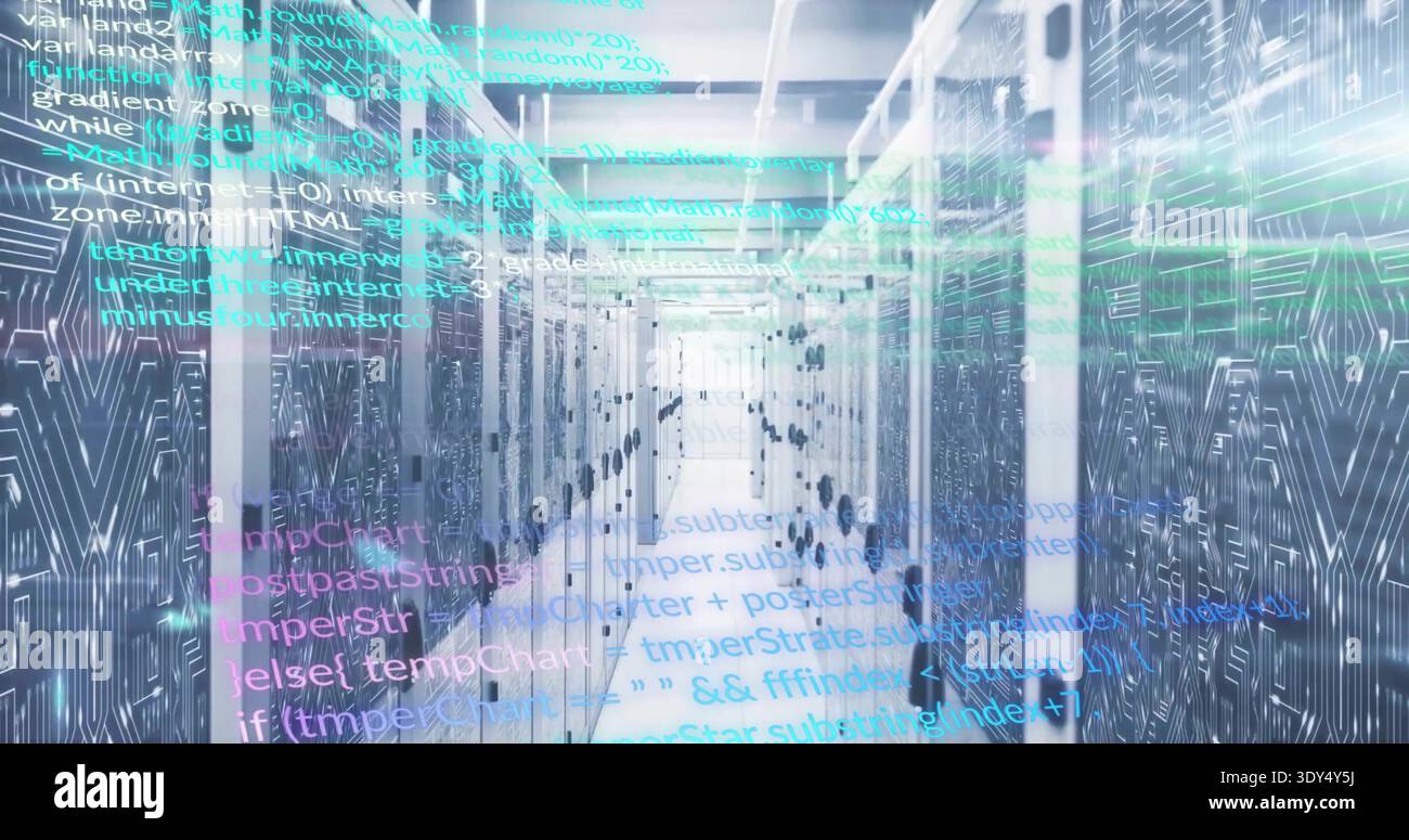Showing central server aisle stretching in datacenter with patterned rack doors, LEDs, cable trays Stock Photo