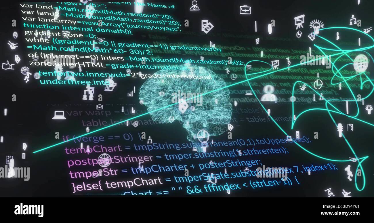 Displaying wireframe brain mesh pulsing with neon flows in dark UI ...