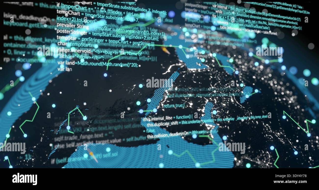 Rotating Earth globe showing lit coasts, connecting nodes, floating code in dark space Stock Photo
