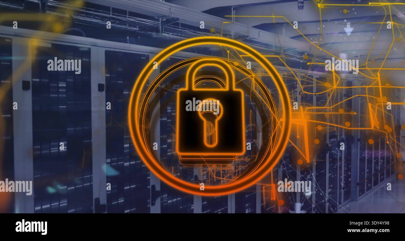 Displaying glowing orange padlock icon hovering over data center, with server racks and cabling Stock Photo