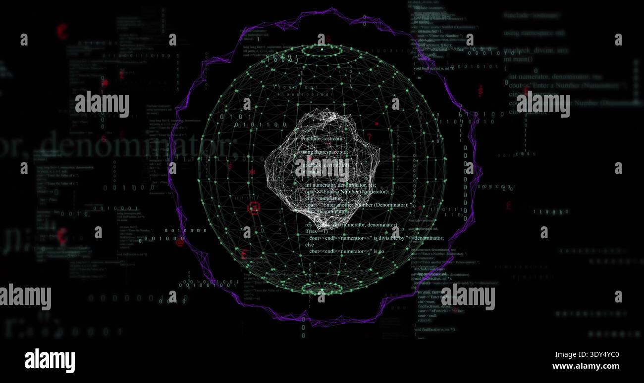 Displaying central wireframe globe pulsing with green nodes in virtual HUD, showing binary digits Stock Photo