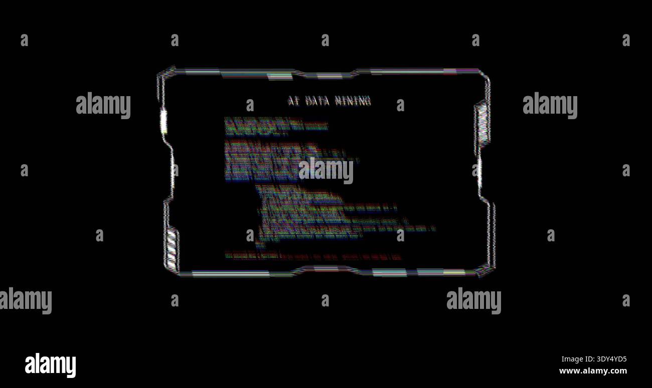 Floating central HUD displaying AI DATA MINING code RGB scanlines on black metallic frame, red line Stock Photo