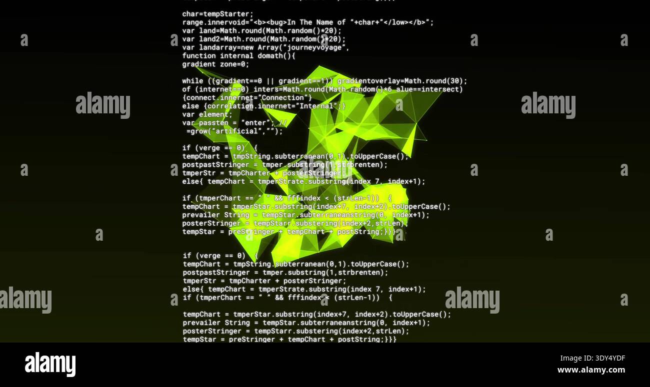 Displaying neon-green triangular mesh overlaying code editor, with monospaced JavaScript text Stock Photo