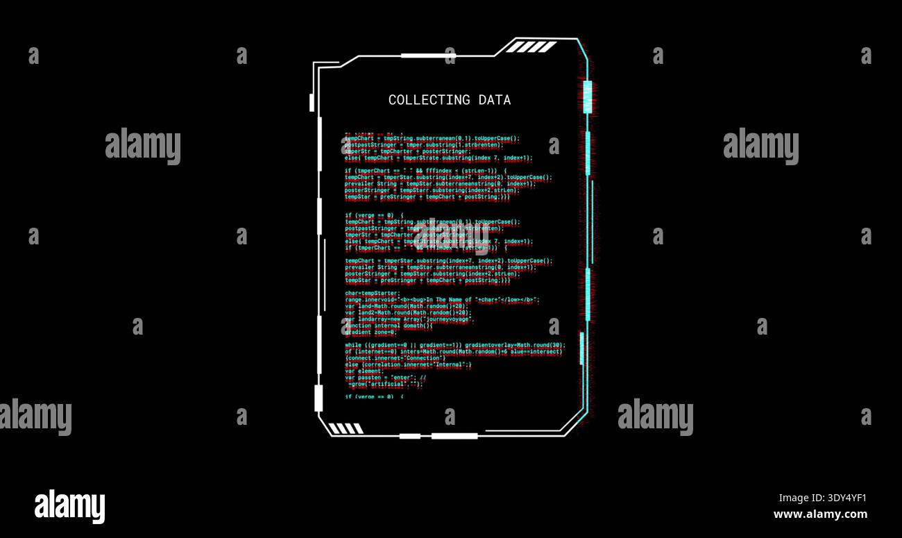 Displaying HUD terminal showing COLLECTING DATA label and colored code on black, glitching Stock Photo