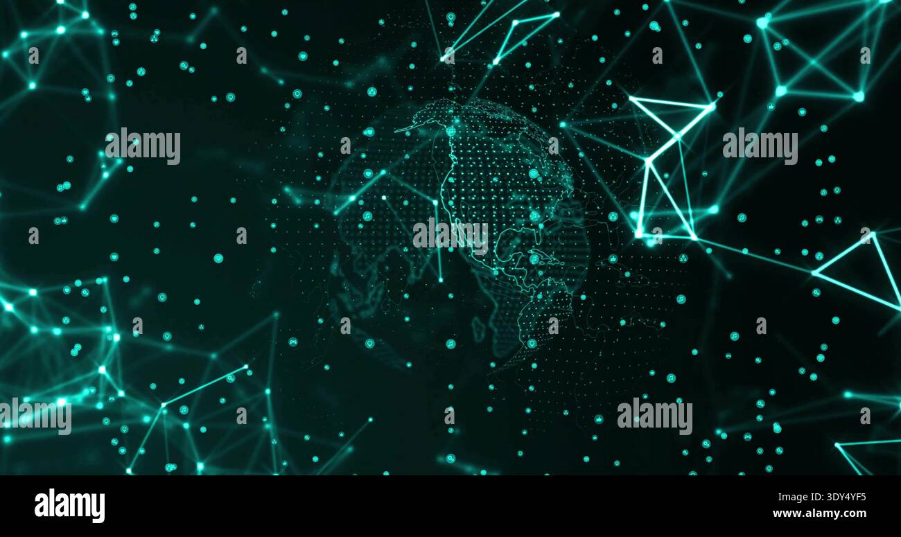Displaying dotted digital globe rotating in virtual network, with glowing nodes, thin lines Stock Photo
