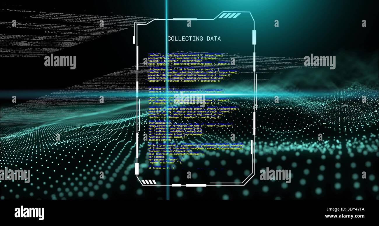 Showing central HUD displaying code and COLLECTING DATA on digital dashboard with particle waves Stock Photo