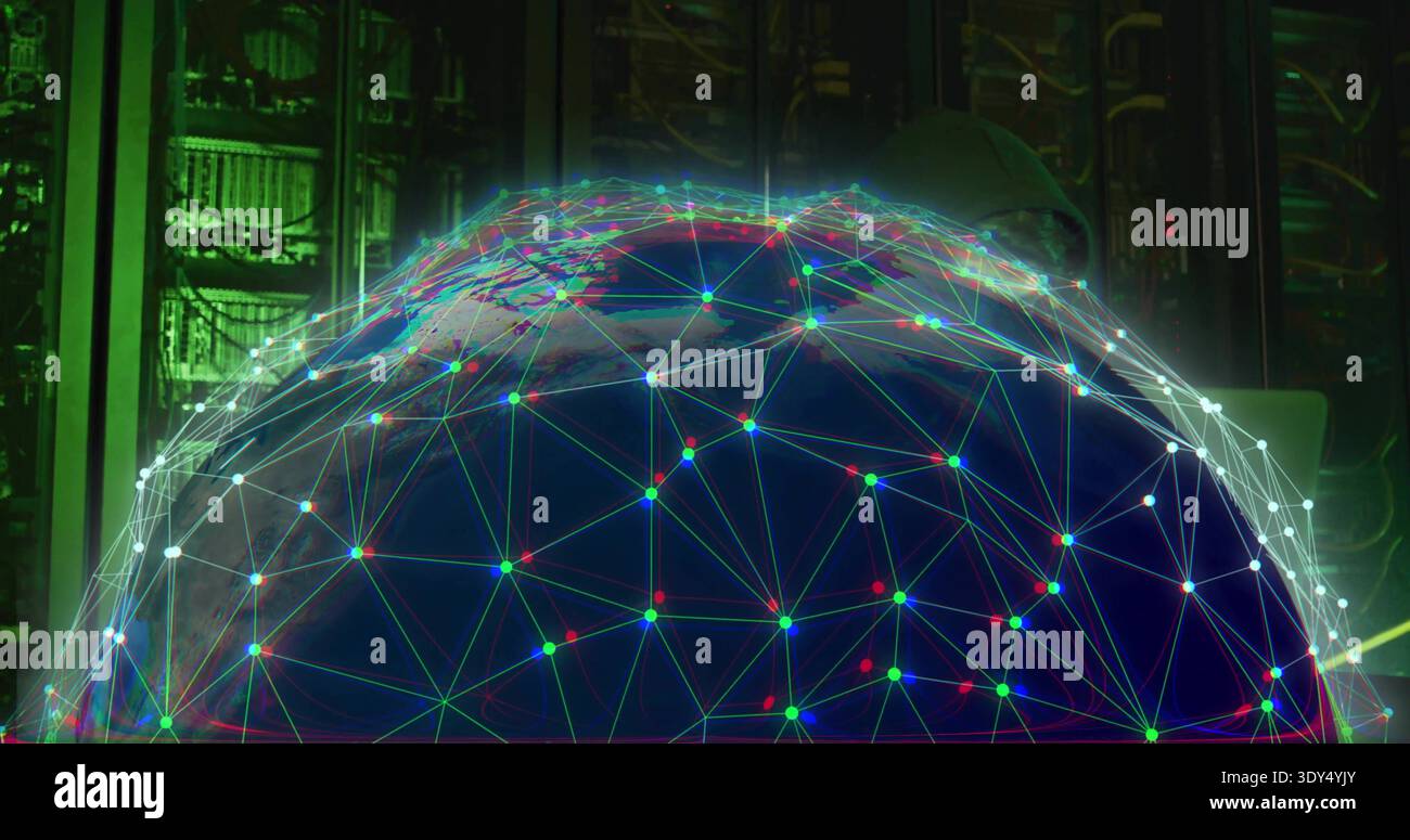Projecting holographic globe hovering over server racks in data center, showing network nodes Stock Photo