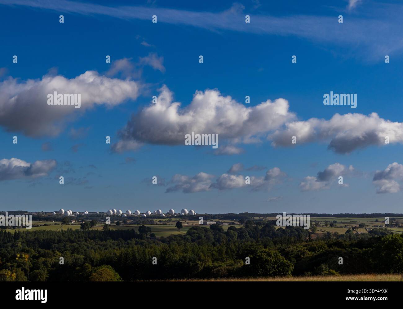 Radomes of Menwith Hill viewed across the Washburn Valley Stock Photo