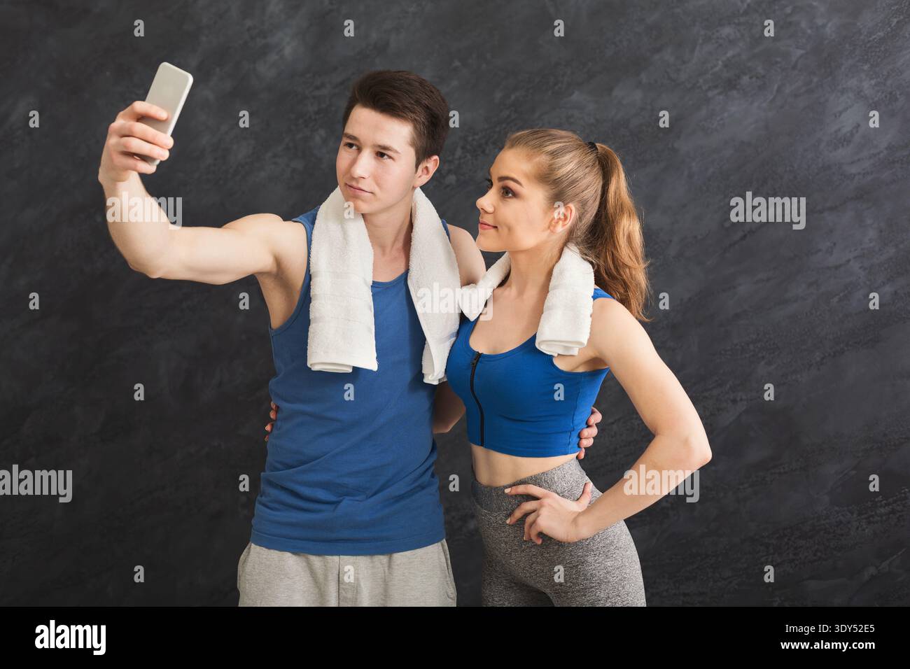 Young couple making selfie at gym Stock Photo