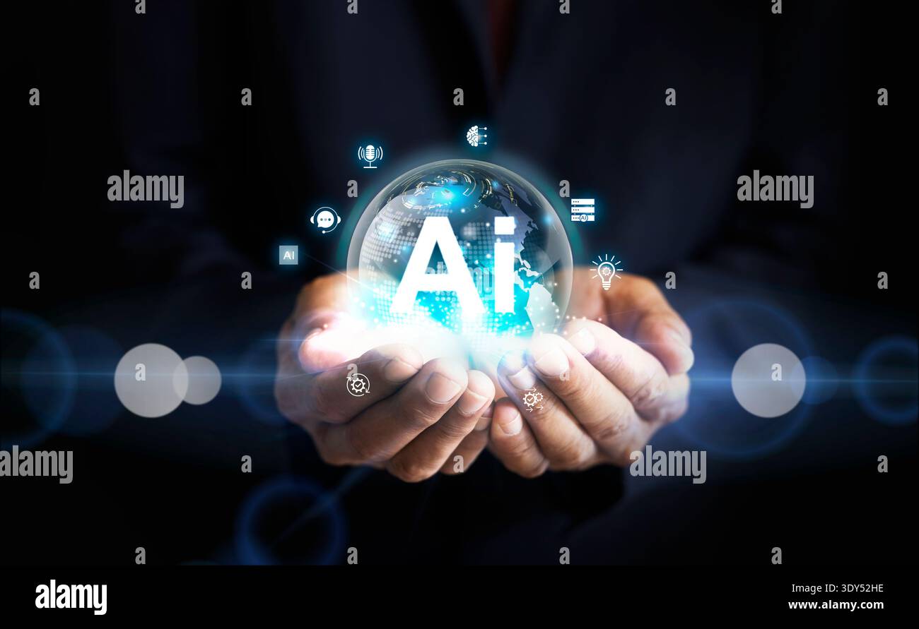 Creative artificial Intelligence humans holding icon AI blue background Stock Photo