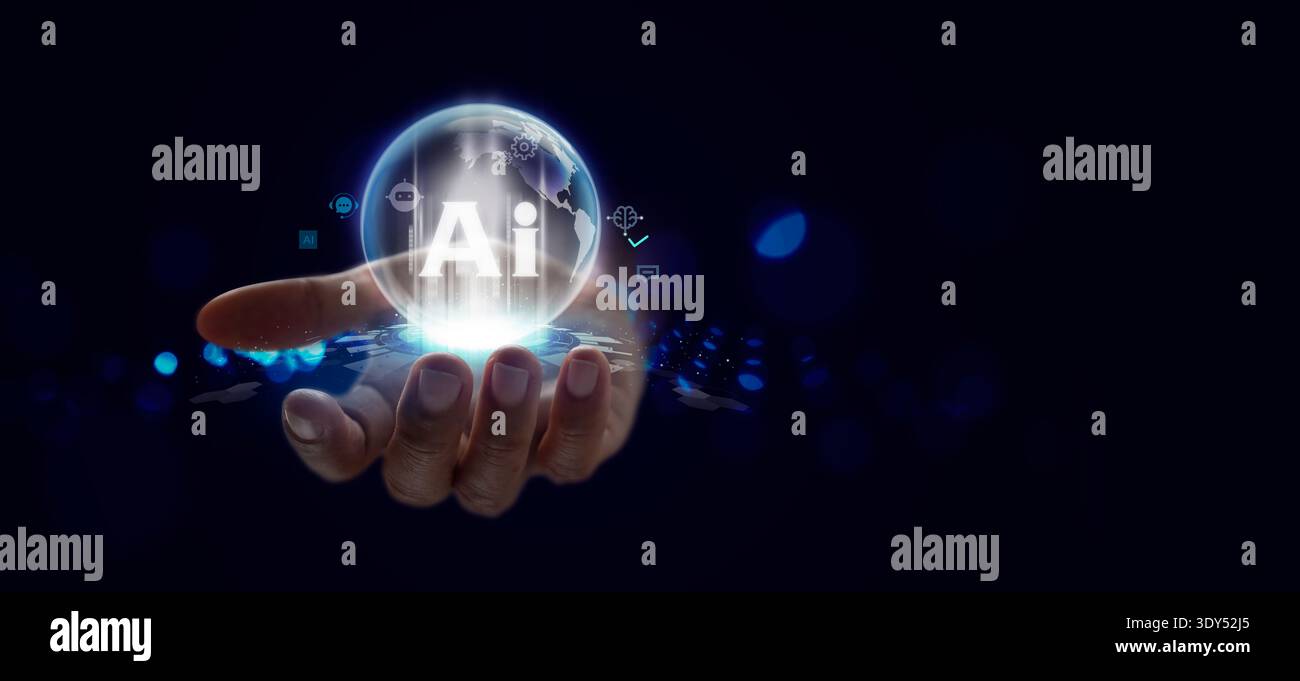 AI Agents innovation concept. Futuristic digital interface with artificial intelligence icons Stock Photo