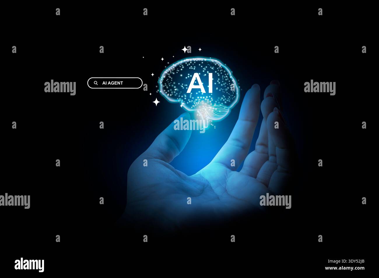Ai agent and brain blue background Stock Photo