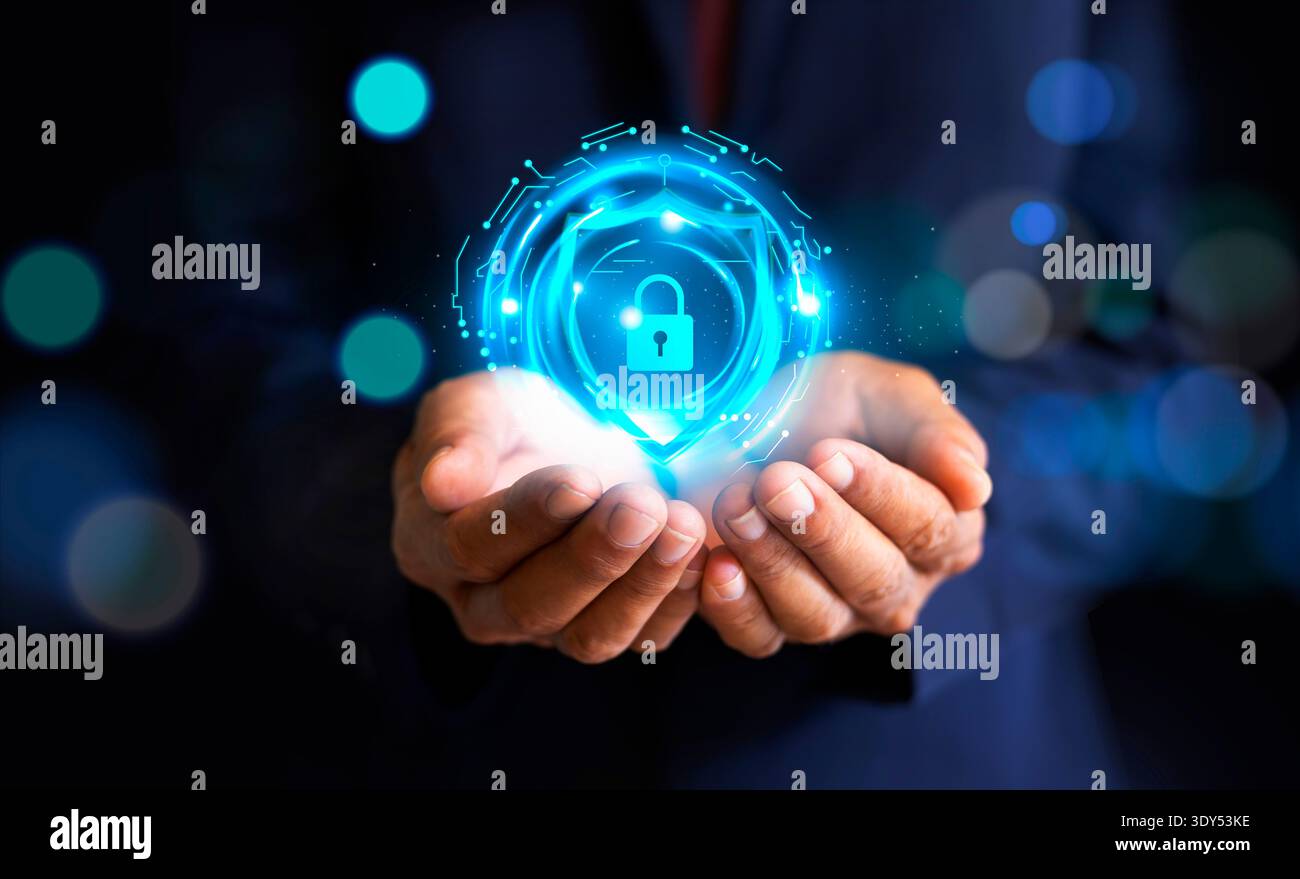 Businessman protecting personal data on smartphone, virtual screen interfaces. cyber security Stock Photo