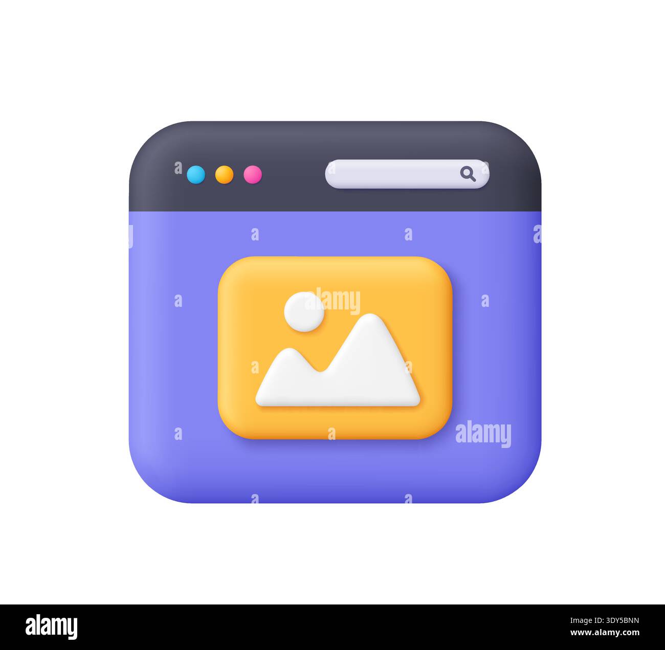 Purple web browser window with yellow image gallery symbol. User interface, multimedia, web development, user interface concept. 3d vector icon. Carto Stock Vector