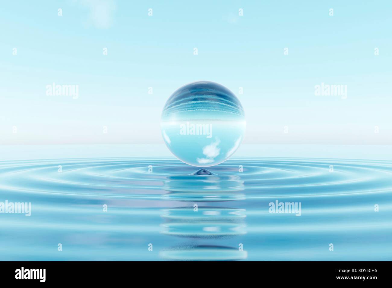 3D render of a transparent glass sphere floating above calm water with ...