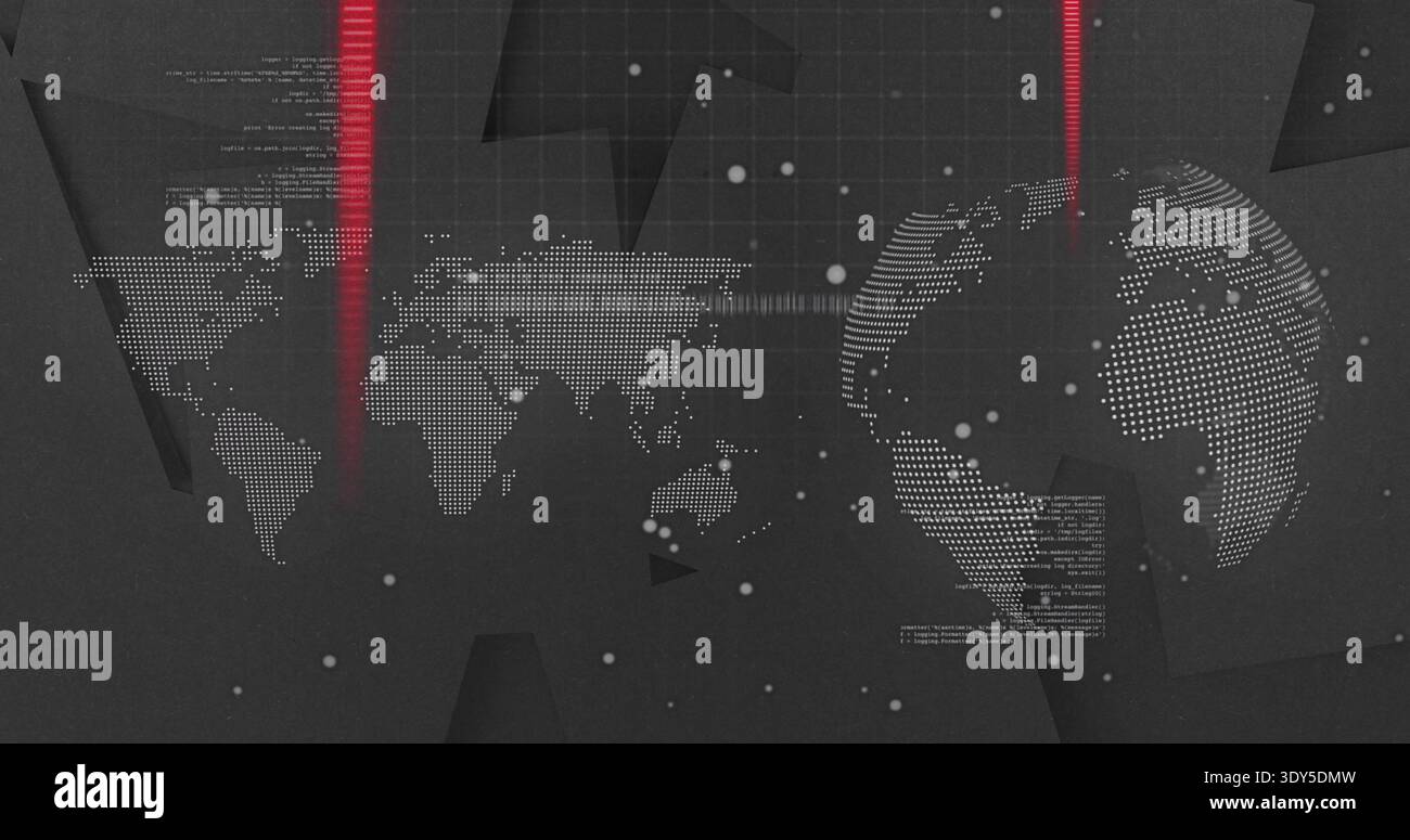 Displaying dotted world map and globe pulsing in data visual backdrop, with red beams, grid, code Stock Photo