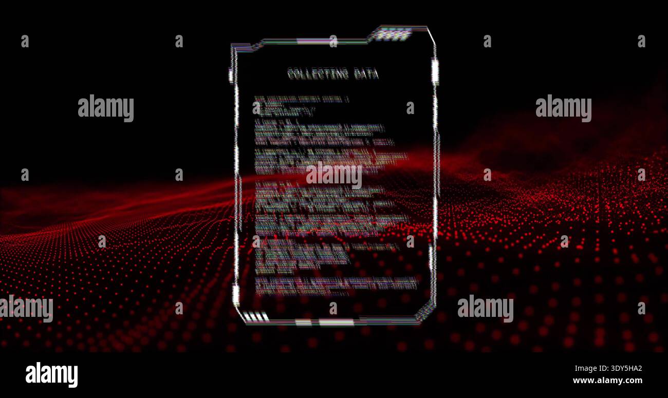 Displaying holo data panel COLLECTING DATA in dark void, with red dot grid and glitch artifacts Stock Photo