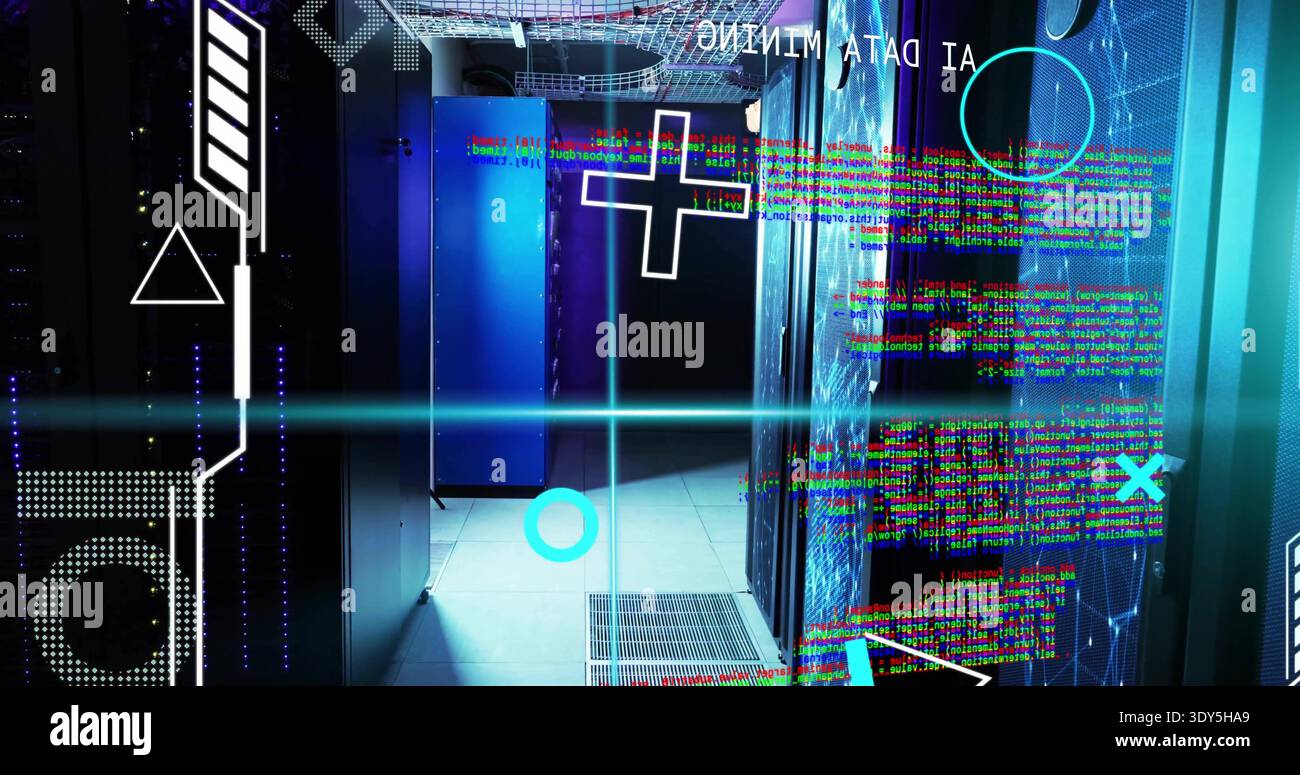 Displaying central server rack cabinets in data center aisle with AI DATA MINING overlays Stock Photo