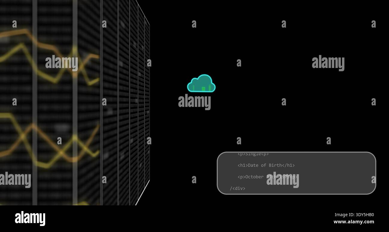 Displaying tall server rack showing yellow waveforms at left, neon cloud and code panel, copy space Stock Photo