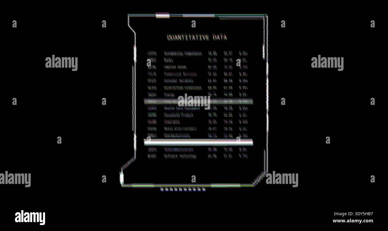 Displaying data panel titled QUANTITATIVE DATA on black backdrop, showing scanline color artifacts Stock Photo