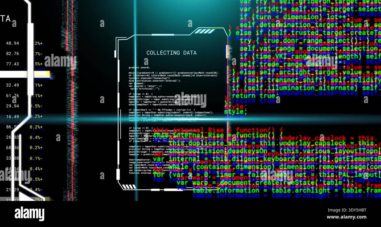 Displaying central data panel titled COLLECTING DATA streaming code on HUD, left readout right code Stock Photo