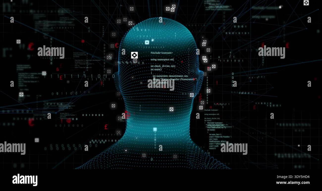 Displaying teal dotted mesh head emitting node links in virtual cyberspace, with code and UI icons Stock Photo