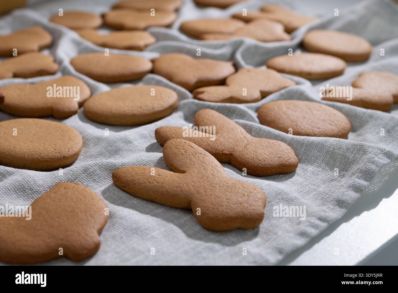 Warm gingerbread cookies shaped as Easter bunnies and eggs cool on a pale linen cloth. Stock Photo