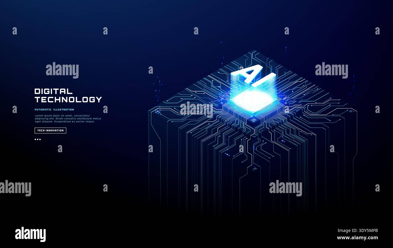 High tech artificial intelligence processor with holographic glow.  Stock Vector