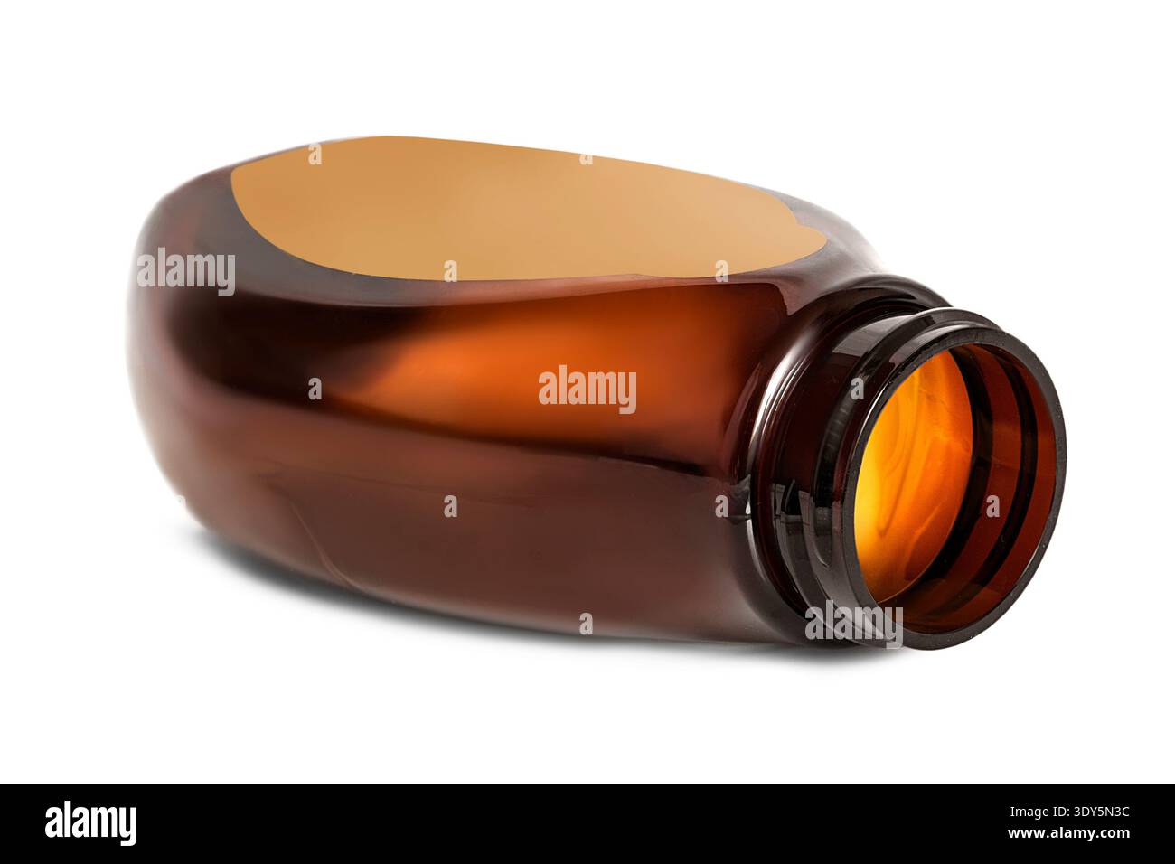 Empty brown plastic jar lying on white background Stock Photo