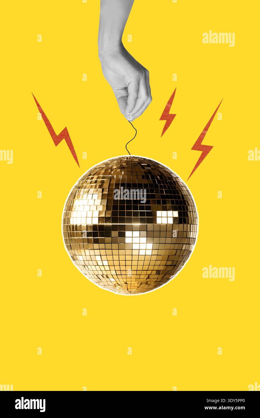 Collage of a woman hand holding a golden disco ball on a yellow background with orange rays Stock Photo