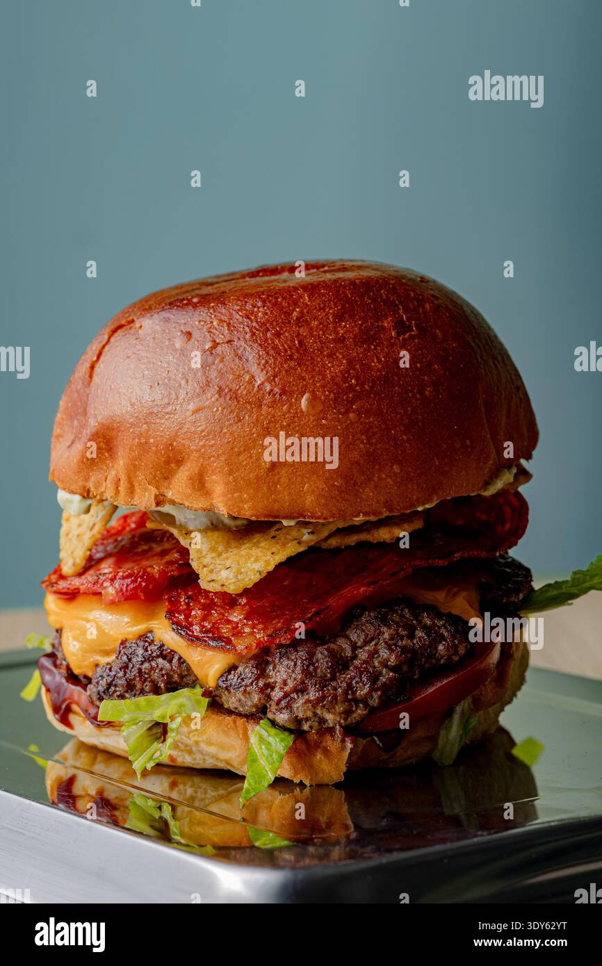 Burger on a dark background isolated with space for text Stock Photo