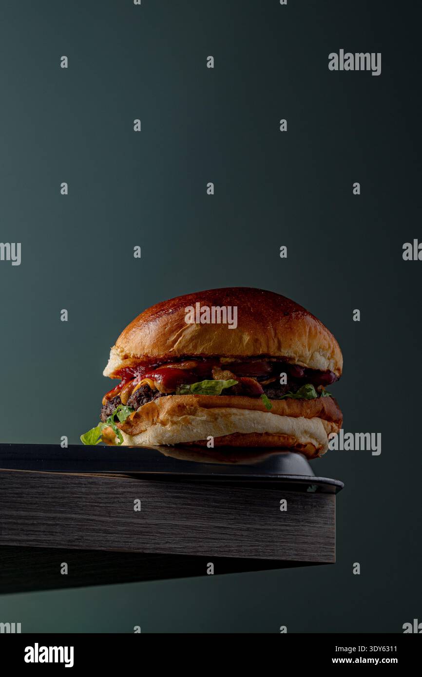 Burger on a dark background isolated with space for text Stock Photo