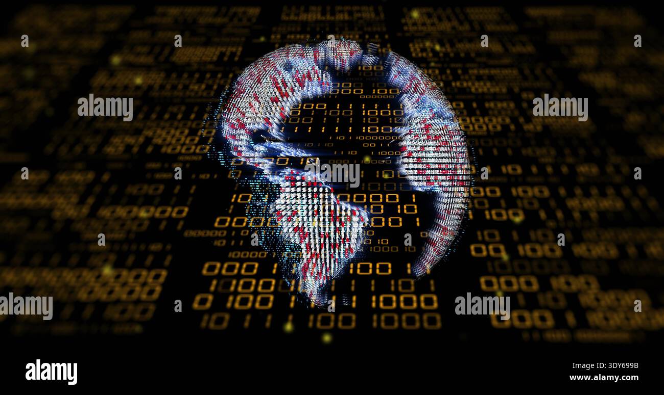 Showing stylized 3D globe glowing and rotating in virtual data environment, with golden binary grid Stock Photo