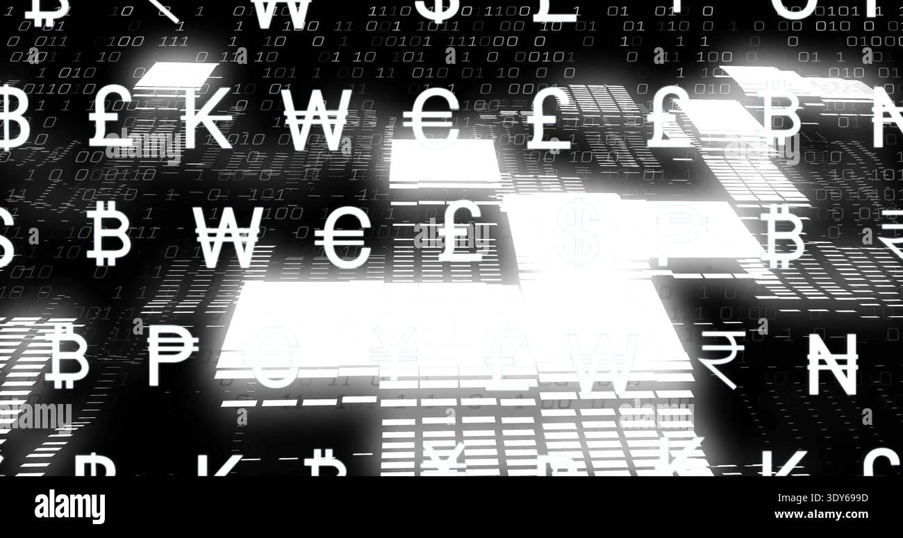 Floating white currency symbols hovering over dark data grid, glowing panels reflecting binary code Stock Photo