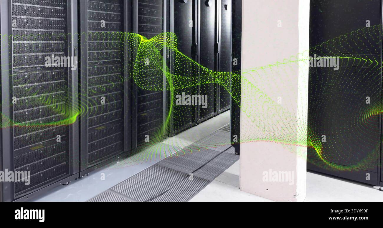 Lining left server racks along datacenter aisle, LEDs glowing, green datawave flowing, white column Stock Photo