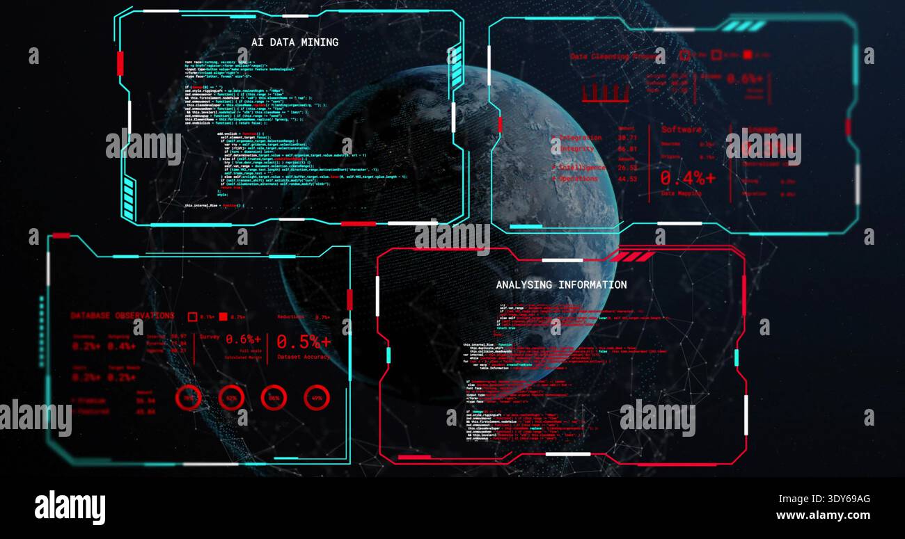 Displaying 3D rendered globe rotating at center in dark starfield, with cyan red HUD panels, mesh Stock Photo