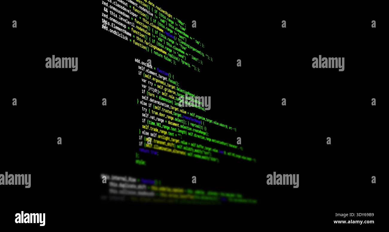 Displaying vertical column of syntax-highlighted code on black terminal, showing colored mono font Stock Photo