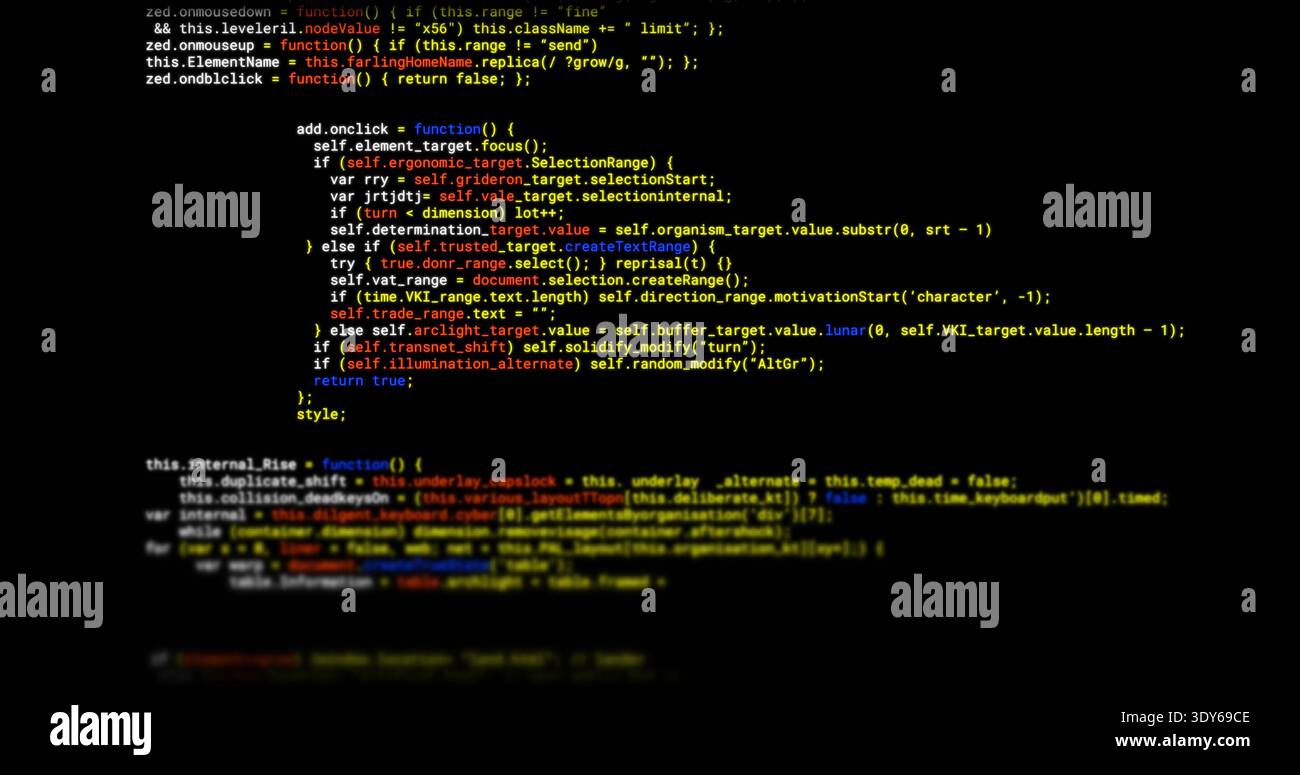 Displaying centered block of JavaScript code on dark editor screen, showing syntax highlighting Stock Photo