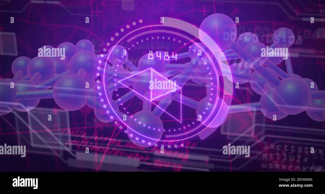 Displaying holographic interface projecting translucent node chain in virtual 3D, HUD readout 6484 Stock Photo