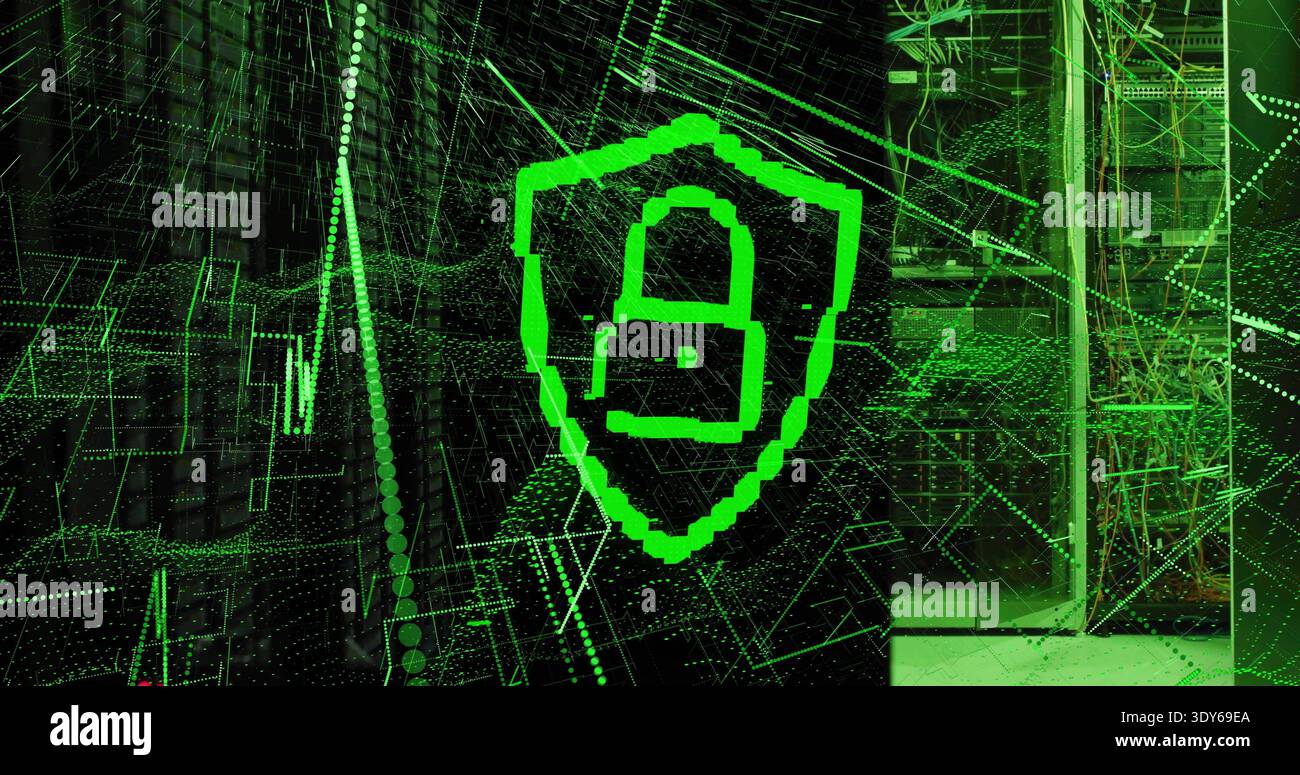Displaying central neon-green shield with padlock hovering over server room, showing wireframe grid Stock Photo