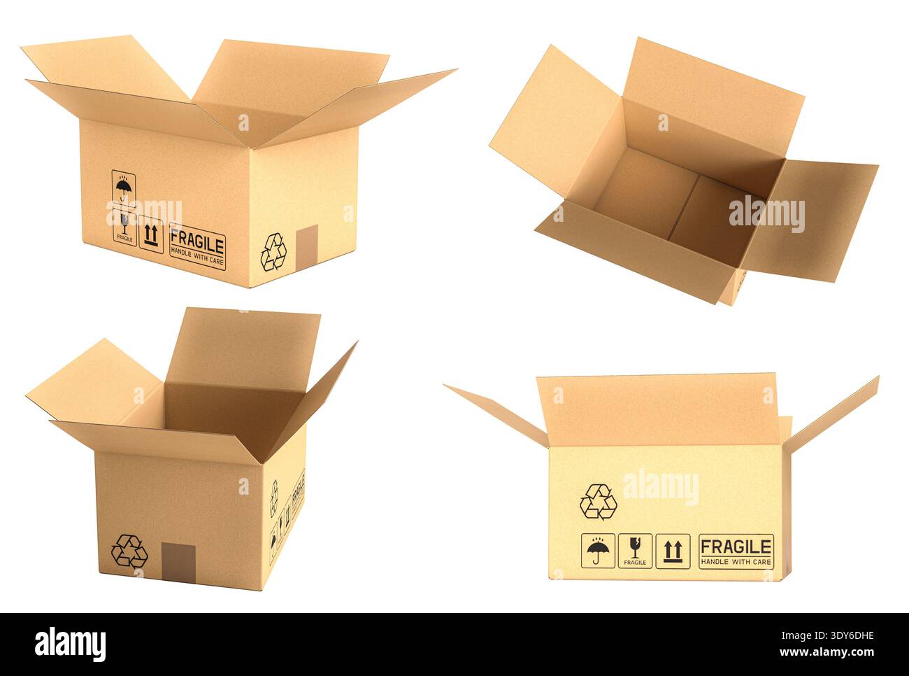 Empty open cardboard boxes 3d isolated Stock Photo