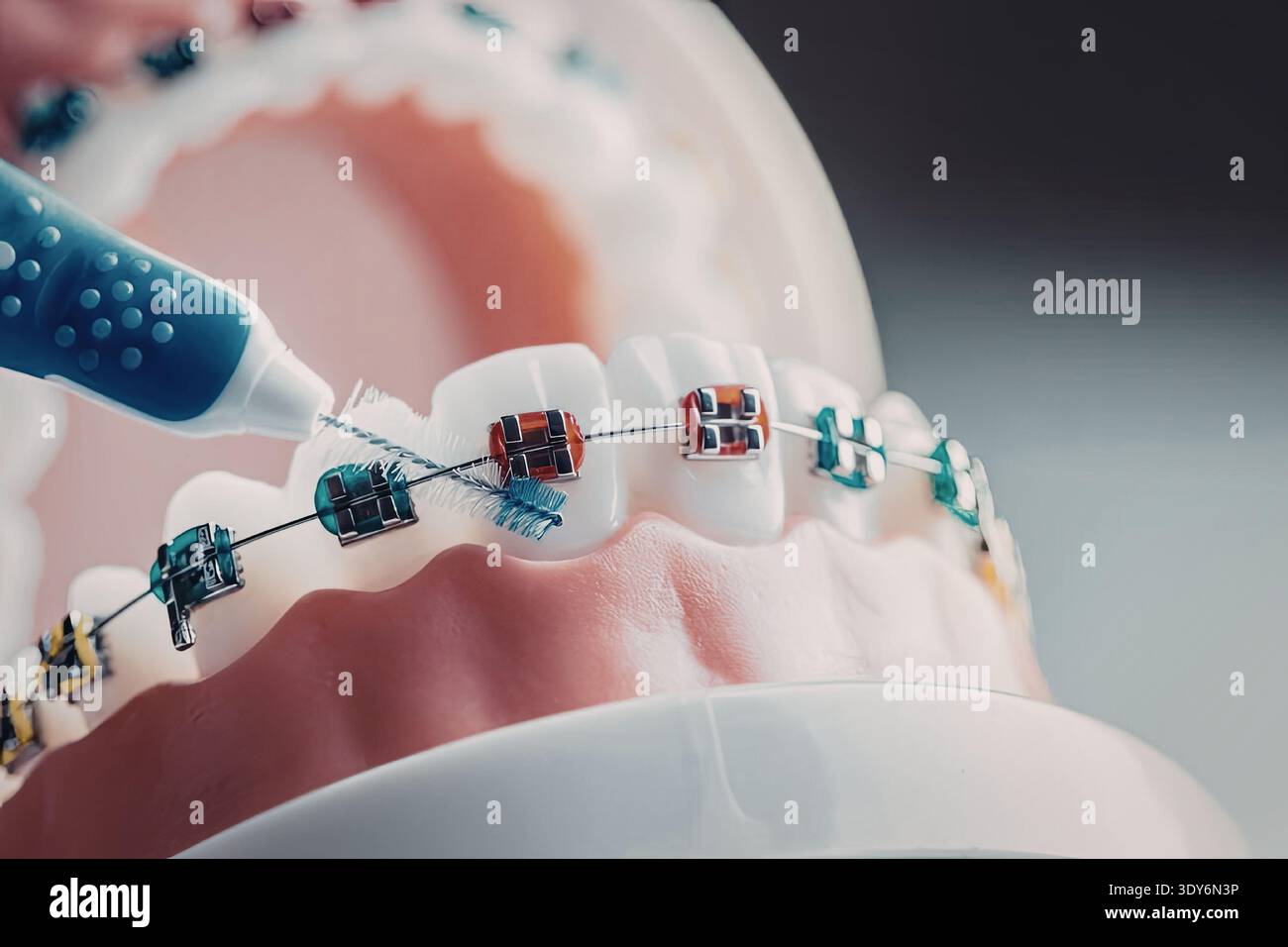 Orthodontic model with dental braces has fluoride applied to it using a ...