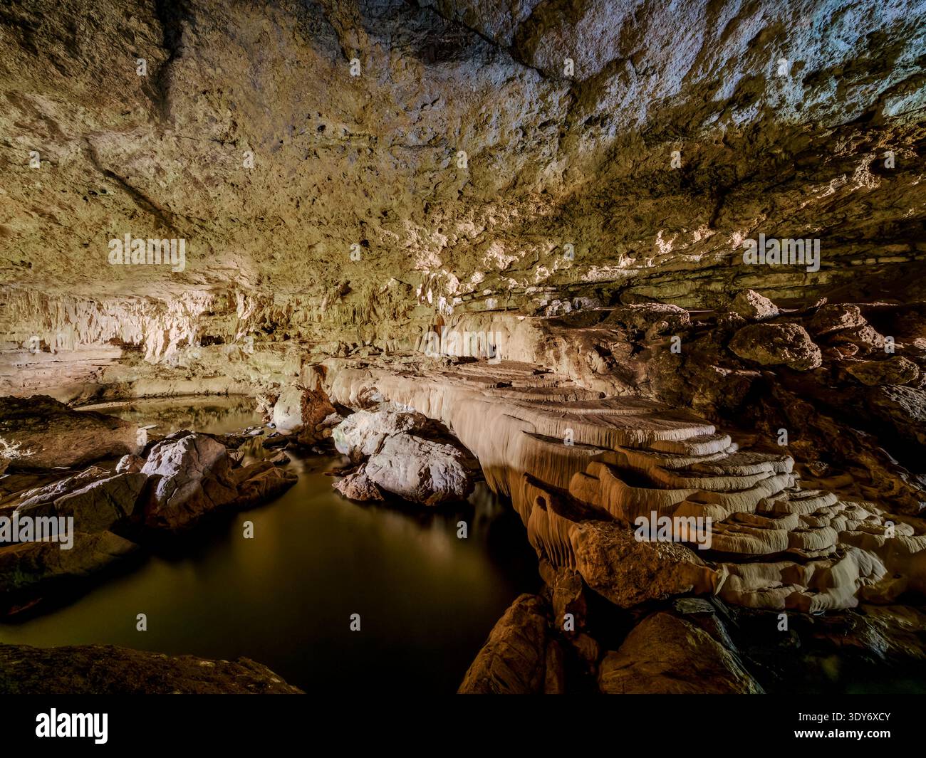 Rio Frio Cave features rock formations and water in Mountain Pine Ridge ...