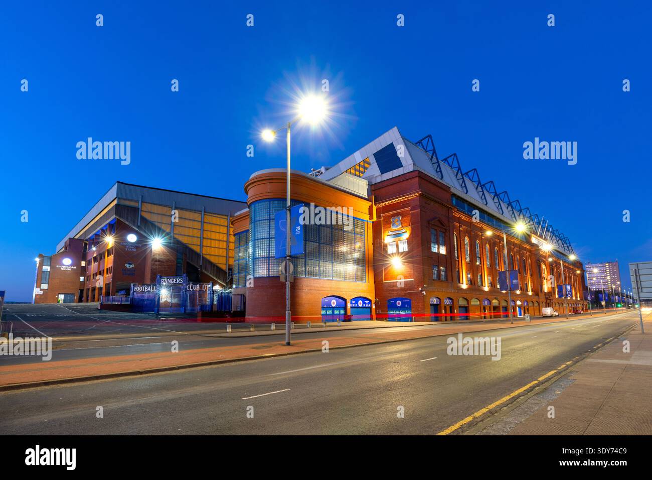 Detailed view of Ibrox Stadium in Glasgow during evening hours Stock Photo