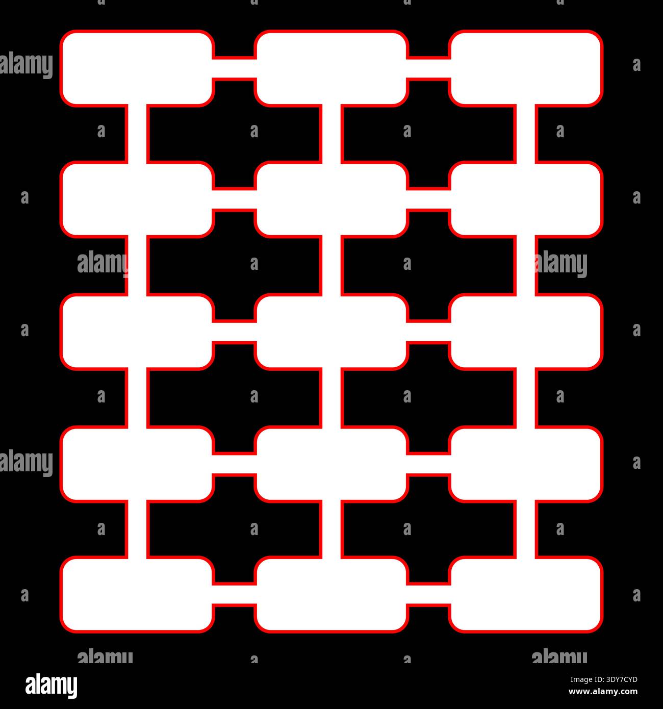 Interconnected network scheme. Logical flowchart Vector. Darkest black background. Connected red rectangles grid. Stock Vector