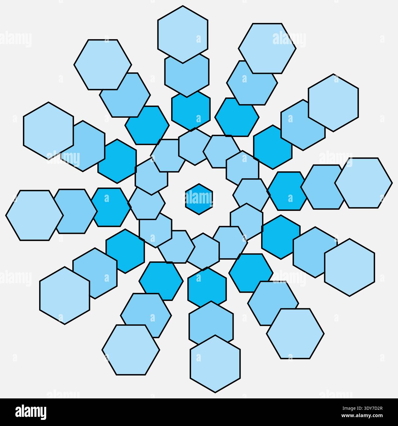 Blue hexagonal pattern. Flower shape Vector. Abstract mandala ornament. Geometric symmetry design. Stock Vector